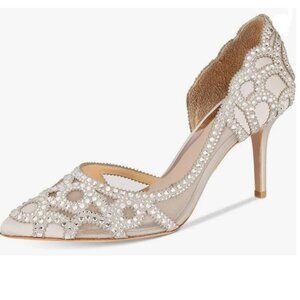 XYD Grey Pointy Toe Crystal Studded Bridal Pumps High Heel Slip On D'Orsay Shoe